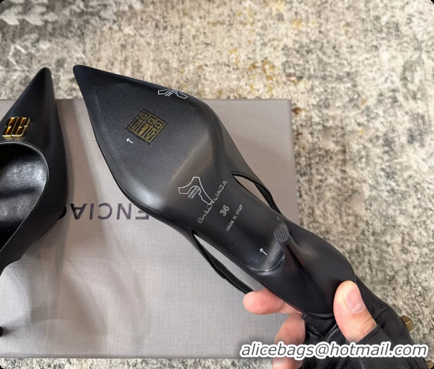Luxurious Balenciaga Knife BB Black Leather Slingback Pumps 75MM 6061207