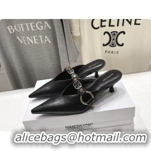 Classic Balenciaga City Heeled Mules Black Shiny Soft Calfskin Leather 50MM 6061209