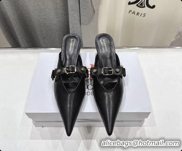 Classic Balenciaga City Heeled Mules Black Shiny Soft Calfskin Leather 50MM 6061209