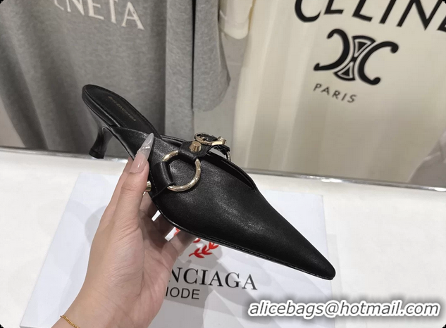 Classic Balenciaga City Heeled Mules Black Shiny Soft Calfskin Leather 50MM 6061209