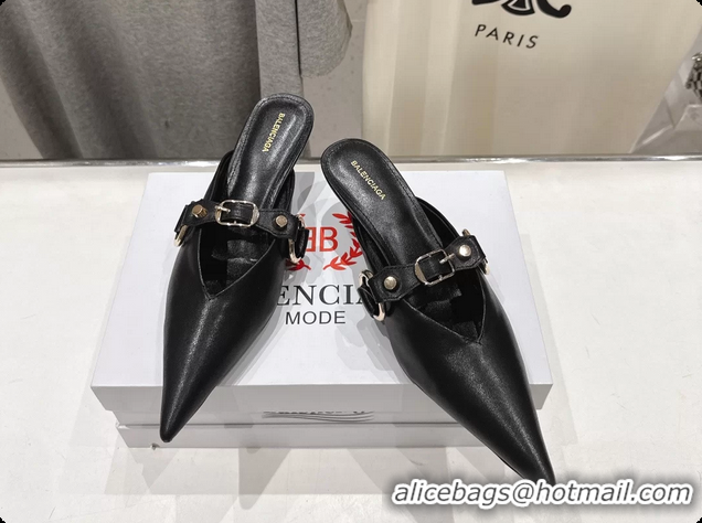 Classic Balenciaga City Heeled Mules Black Shiny Soft Calfskin Leather 50MM 6061209