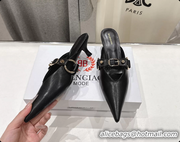 Classic Balenciaga City Heeled Mules Black Shiny Soft Calfskin Leather 50MM 6061209
