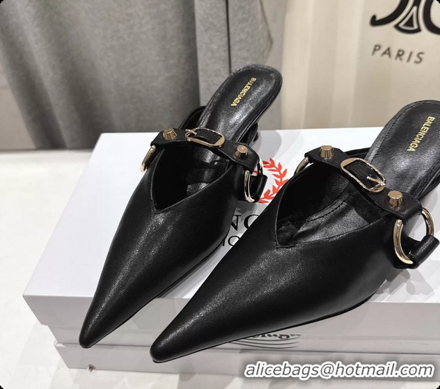 Classic Balenciaga City Heeled Mules Black Shiny Soft Calfskin Leather 50MM 6061209