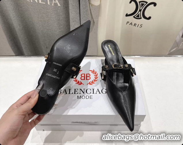Classic Balenciaga City Heeled Mules Black Shiny Soft Calfskin Leather 50MM 6061209