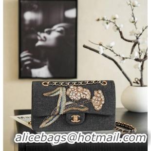 Most Popular Chanel  Metiers D'art Classic 11.12 Handbag Embroidered Denim With Glass Beads And Strass & Gold AS5698 Bla