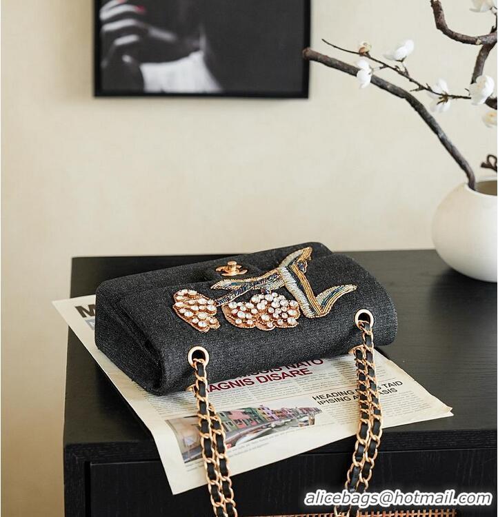 Most Popular Chanel  Metiers D'art Classic 11.12 Handbag Embroidered Denim With Glass Beads And Strass & Gold AS5698 Bla