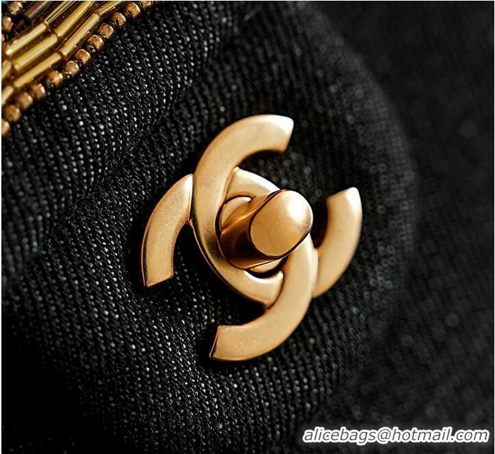 Most Popular Chanel  Metiers D'art Classic 11.12 Handbag Embroidered Denim With Glass Beads And Strass & Gold AS5698 Bla