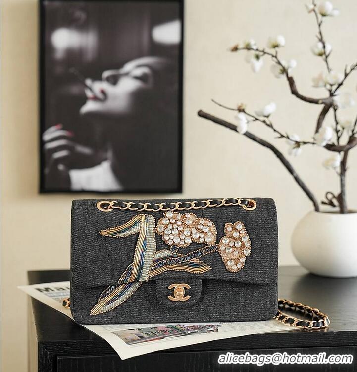 Most Popular Chanel  Metiers D'art Classic 11.12 Handbag Embroidered Denim With Glass Beads And Strass & Gold AS5698 Bla