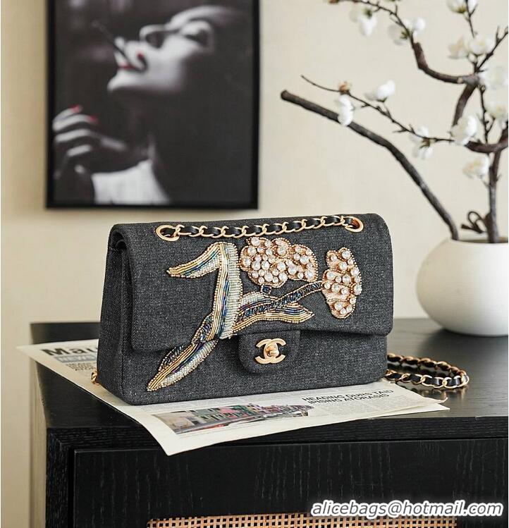 Most Popular Chanel  Metiers D'art Classic 11.12 Handbag Embroidered Denim With Glass Beads And Strass & Gold AS5698 Bla