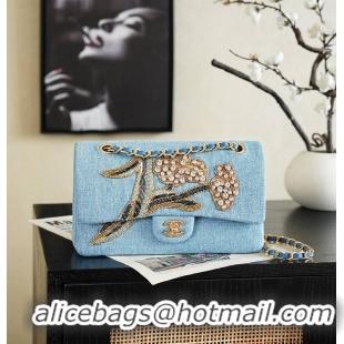 Shop Best Chanel Métiers D'art Classic 11.12 Handbag Embroidered Denim With Glass Beads With Strass & Gold AS5698 Blue/G