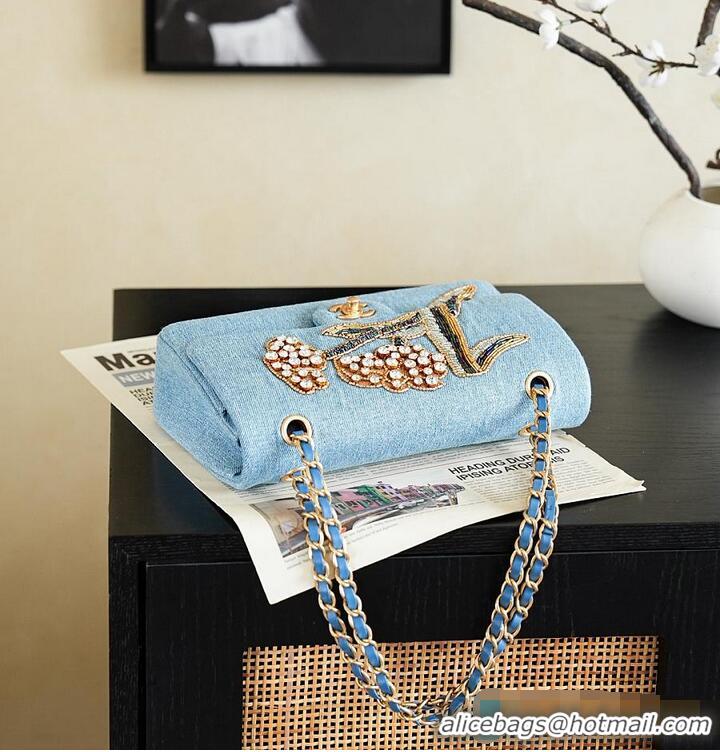 Shop Best Chanel Métiers D'art Classic 11.12 Handbag Embroidered Denim With Glass Beads With Strass & Gold AS5698 Blue/G