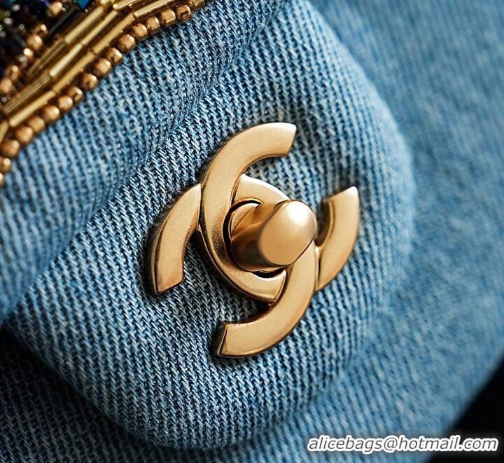 Shop Best Chanel Métiers D'art Classic 11.12 Handbag Embroidered Denim With Glass Beads With Strass & Gold AS5698 Blue/G