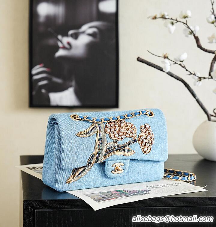 Shop Best Chanel Métiers D'art Classic 11.12 Handbag Embroidered Denim With Glass Beads With Strass & Gold AS5698 Blue/G