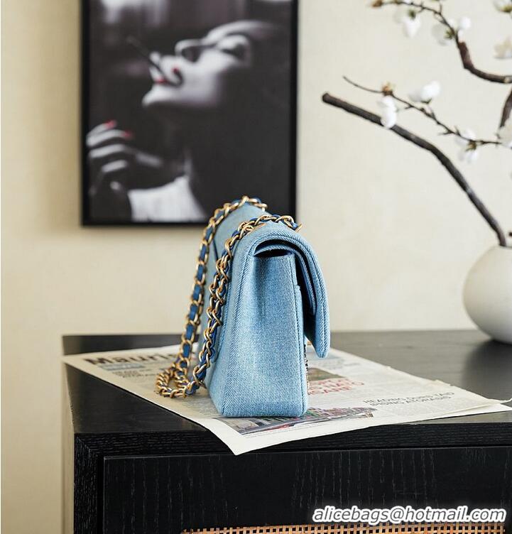 Shop Best Chanel Métiers D'art Classic 11.12 Handbag Embroidered Denim With Glass Beads With Strass & Gold AS5698 Blue/G