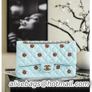 Pretty Style Chanel Classic Flap Bag Quilted Leather Featuring Embroidered Floral Details AS5697 Light Blue/Gold 2026