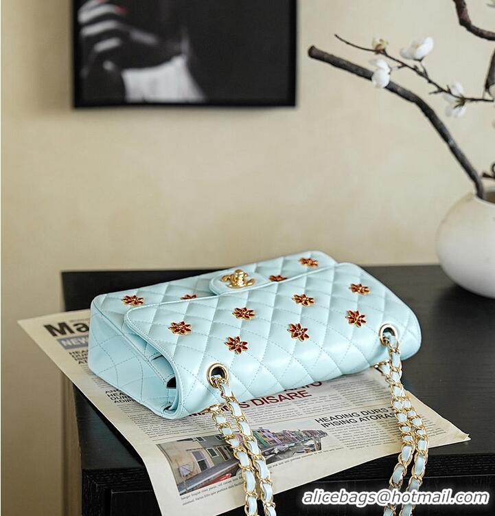 Pretty Style Chanel Classic Flap Bag Quilted Leather Featuring Embroidered Floral Details AS5697 Light Blue/Gold 2026
