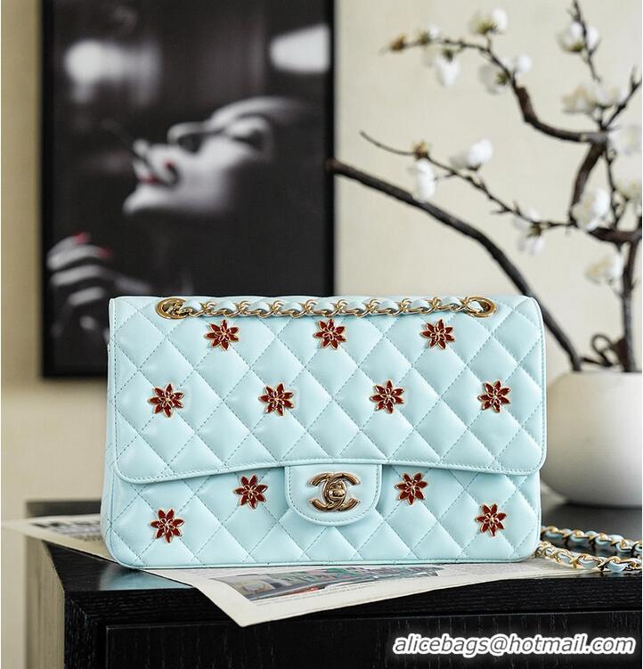 Pretty Style Chanel Classic Flap Bag Quilted Leather Featuring Embroidered Floral Details AS5697 Light Blue/Gold 2026