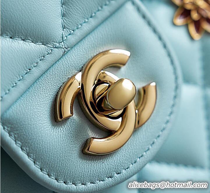 Pretty Style Chanel Classic Flap Bag Quilted Leather Featuring Embroidered Floral Details AS5697 Light Blue/Gold 2026