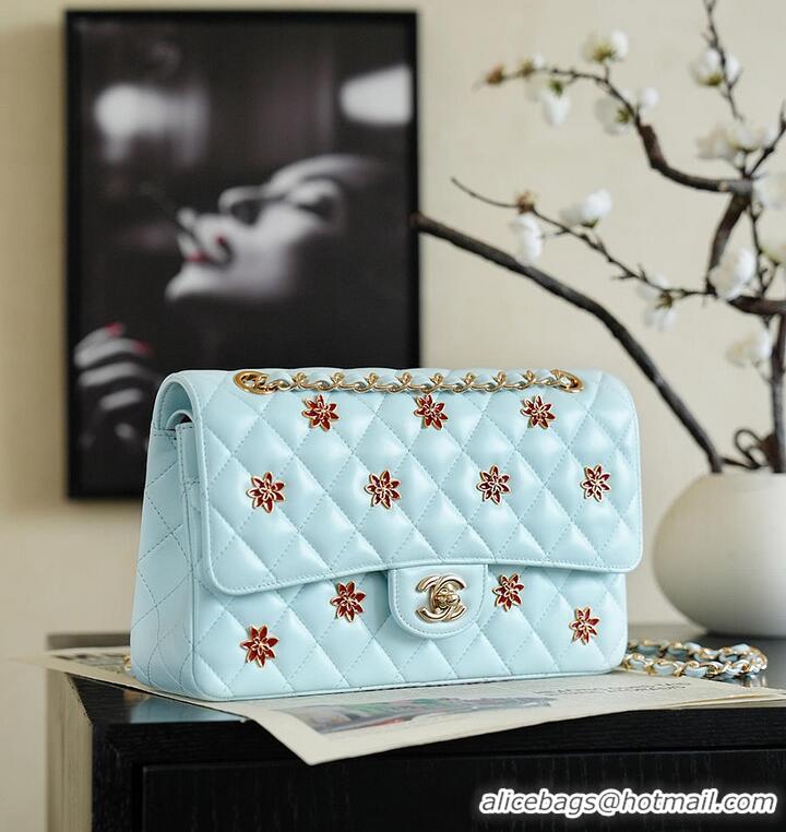 Pretty Style Chanel Classic Flap Bag Quilted Leather Featuring Embroidered Floral Details AS5697 Light Blue/Gold 2026