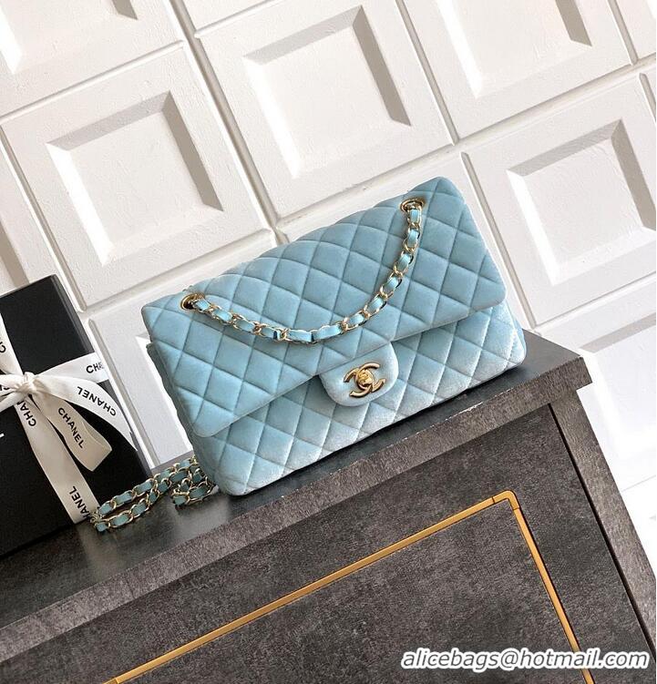 Best Price Chanel Medium Classic Double Flap Bag In Original Velvet AS5688 Light Blue/Gold 2026