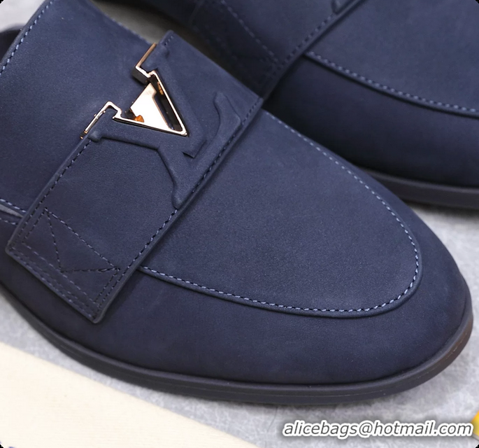 Sophisticated Louis Vuitton LV Mare Open Back Loafer Navy Blue Suede Leather 6061401