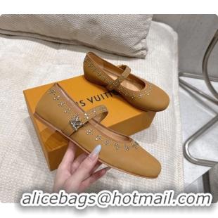 Luxury Cheap Louis Vuitton LV Romy Ballet Ballerina Flats with Studs Brown Lambskin 6061405