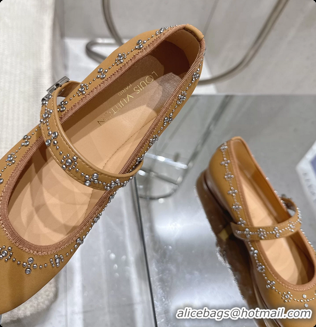 Luxury Cheap Louis Vuitton LV Romy Ballet Ballerina Flats with Studs Brown Lambskin 6061405