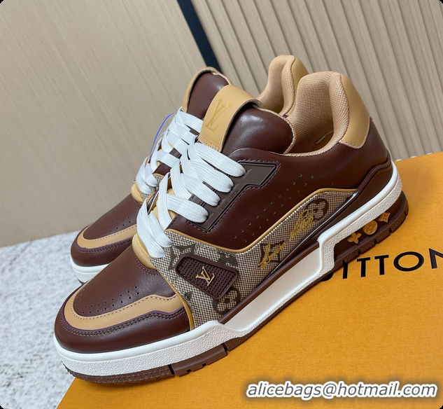 Good Product Louis Vuitton LV Trainer Sneakers Dark Brown Calfskin Leather 6061410