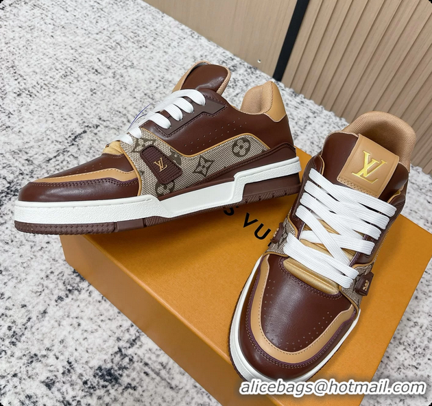 Good Product Louis Vuitton LV Trainer Sneakers Dark Brown Calfskin Leather 6061410