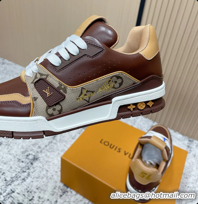 Good Product Louis Vuitton LV Trainer Sneakers Dark Brown Calfskin Leather 6061410