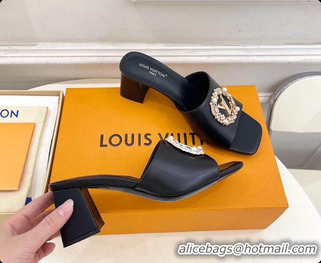 Low Price Louis Vuitton LV Mare Heeled Slides Sandals Black Calfskin Leather 60MM 6061411