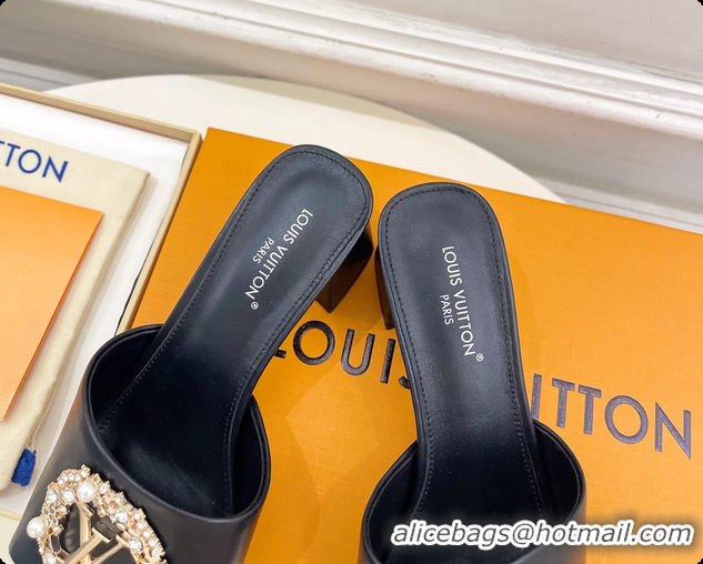 Low Price Louis Vuitton LV Mare Heeled Slides Sandals Black Calfskin Leather 60MM 6061411