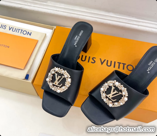 Low Price Louis Vuitton LV Mare Heeled Slides Sandals Black Calfskin Leather 60MM 6061411