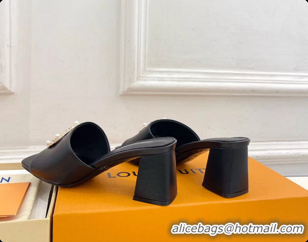 Low Price Louis Vuitton LV Mare Heeled Slides Sandals Black Calfskin Leather 60MM 6061411