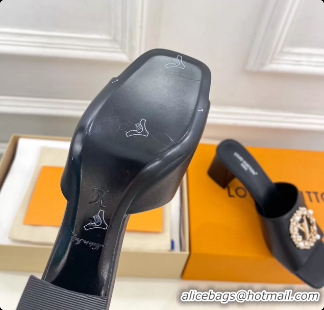 Low Price Louis Vuitton LV Mare Heeled Slides Sandals Black Calfskin Leather 60MM 6061411