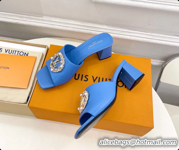 Luxurious Louis Vuitton LV Mare Heeled Slides Sandals Light Blue Calfskin Leather 60MM 6061411
