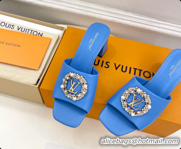 Luxurious Louis Vuitton LV Mare Heeled Slides Sandals Light Blue Calfskin Leather 60MM 6061411