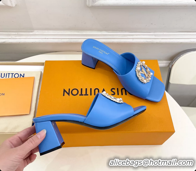 Luxurious Louis Vuitton LV Mare Heeled Slides Sandals Light Blue Calfskin Leather 60MM 6061411