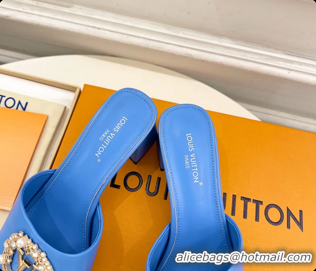 Luxurious Louis Vuitton LV Mare Heeled Slides Sandals Light Blue Calfskin Leather 60MM 6061411
