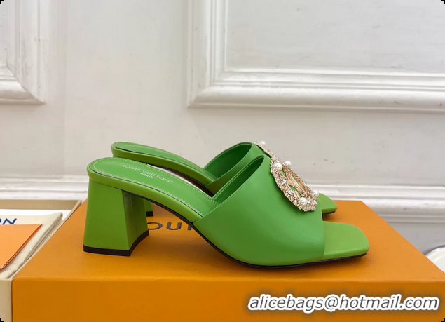 Top Design Louis Vuitton LV Mare Heeled Slides Sandals Green Calfskin Leather 60MM 6061411