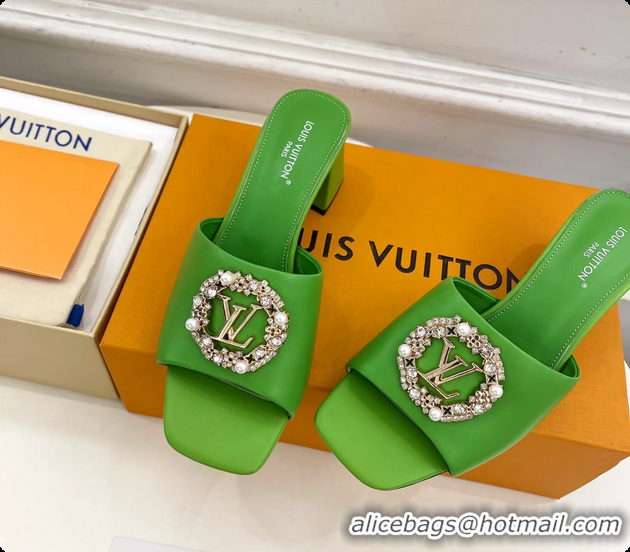 Top Design Louis Vuitton LV Mare Heeled Slides Sandals Green Calfskin Leather 60MM 6061411