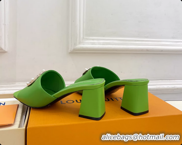 Top Design Louis Vuitton LV Mare Heeled Slides Sandals Green Calfskin Leather 60MM 6061411
