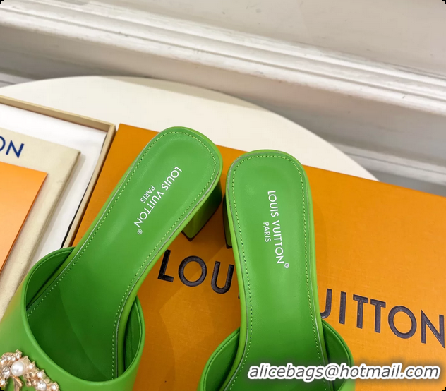 Top Design Louis Vuitton LV Mare Heeled Slides Sandals Green Calfskin Leather 60MM 6061411