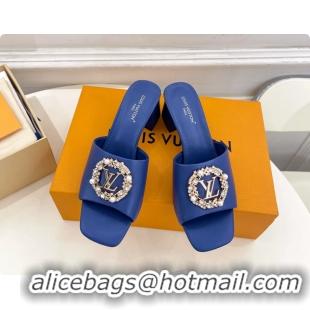 Shop Duplicate Louis Vuitton LV Mare Heeled Slides Sandals Blue Calfskin Leather 60MM 6061411