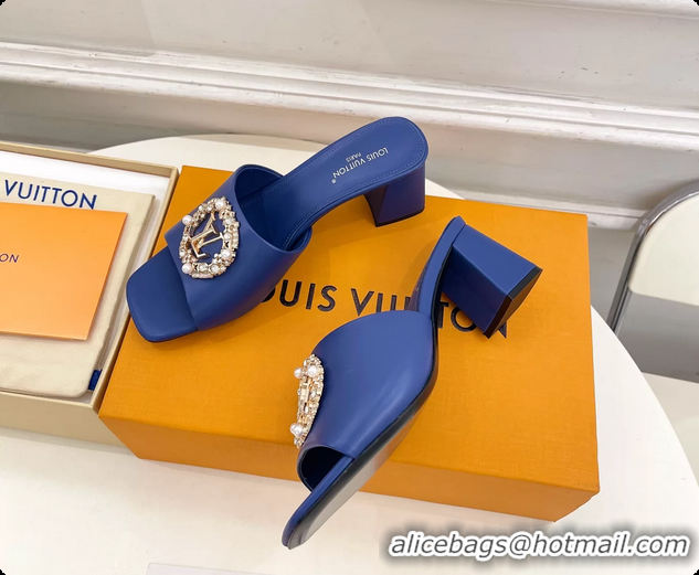 Shop Duplicate Louis Vuitton LV Mare Heeled Slides Sandals Blue Calfskin Leather 60MM 6061411