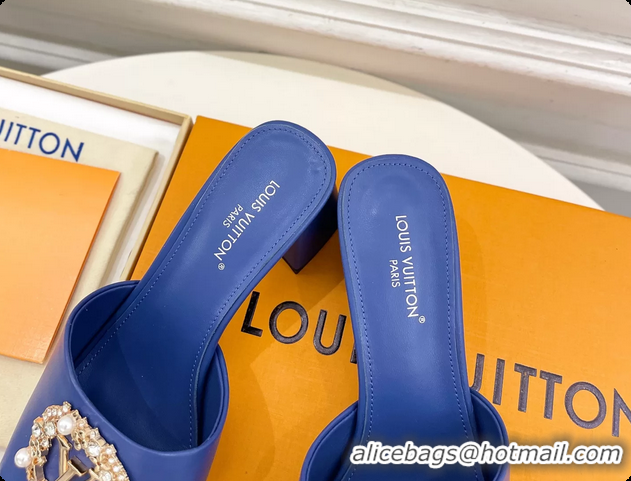 Shop Duplicate Louis Vuitton LV Mare Heeled Slides Sandals Blue Calfskin Leather 60MM 6061411