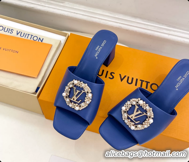 Shop Duplicate Louis Vuitton LV Mare Heeled Slides Sandals Blue Calfskin Leather 60MM 6061411
