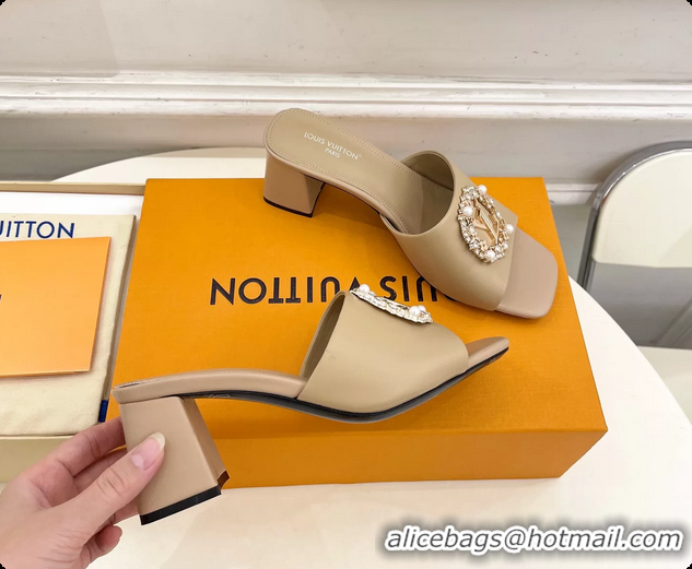 Most Popular Louis Vuitton LV Mare Heeled Slides Sandals Beige Calfskin Leather 60MM 6061411