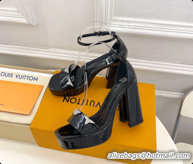 Hot Style Louis Vuitton Swing Platform Sandals Black Patent Calfskin Leather 110MM 6061412