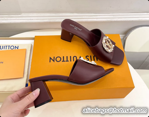 Unique Ladies Louis Vuitton LV Mare Heeled Slides Sandals Burgundy Calfskin Leather 60MM 6061413